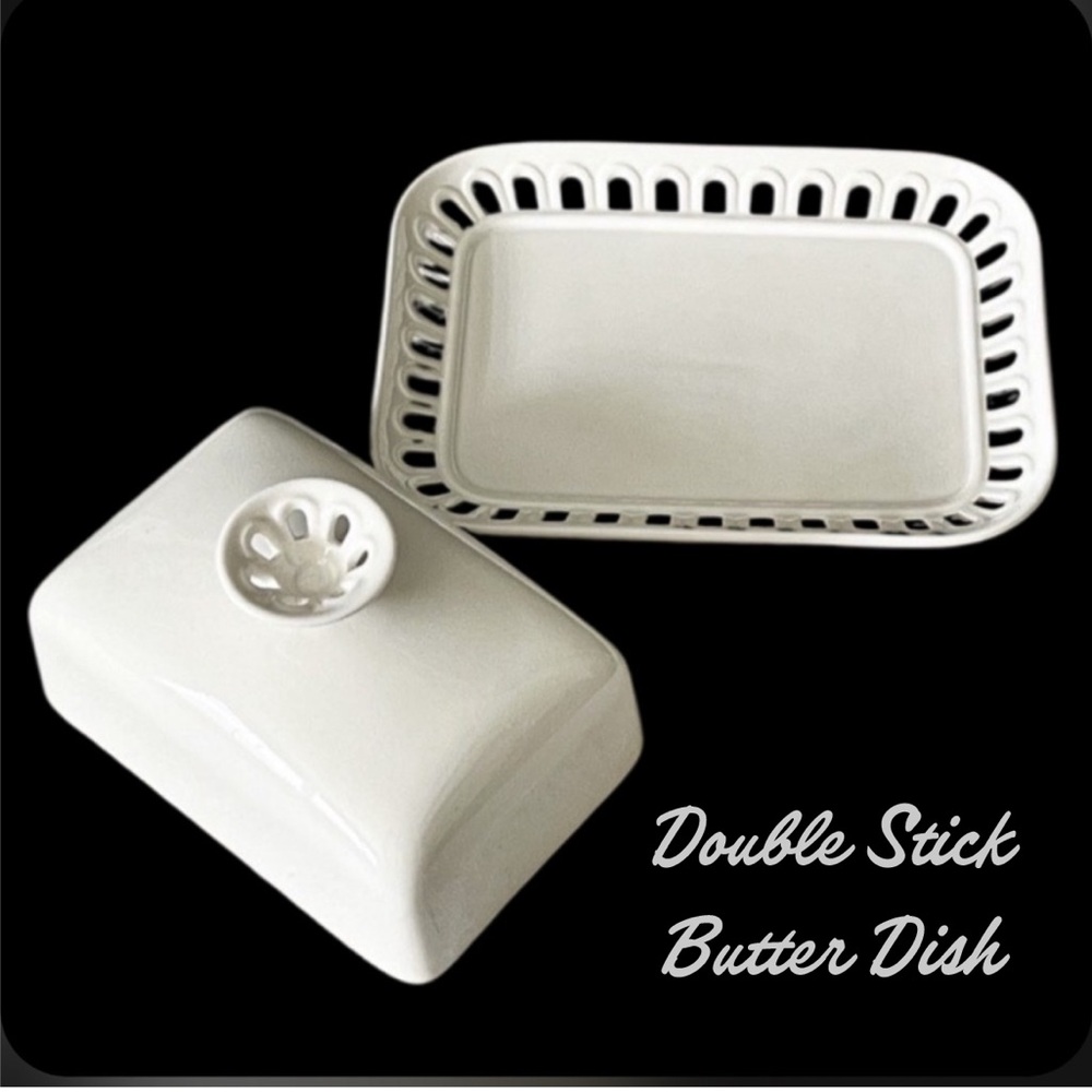 White Porcelain Double Butter Dish With Lid Reticulated Edge Dining Serving